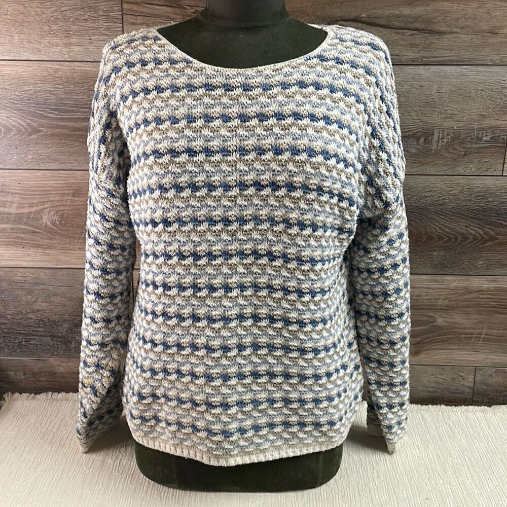 Vintage B.Moss Cable Knit Long Sleeve Cotton Sweater Size Medium Blue Tan